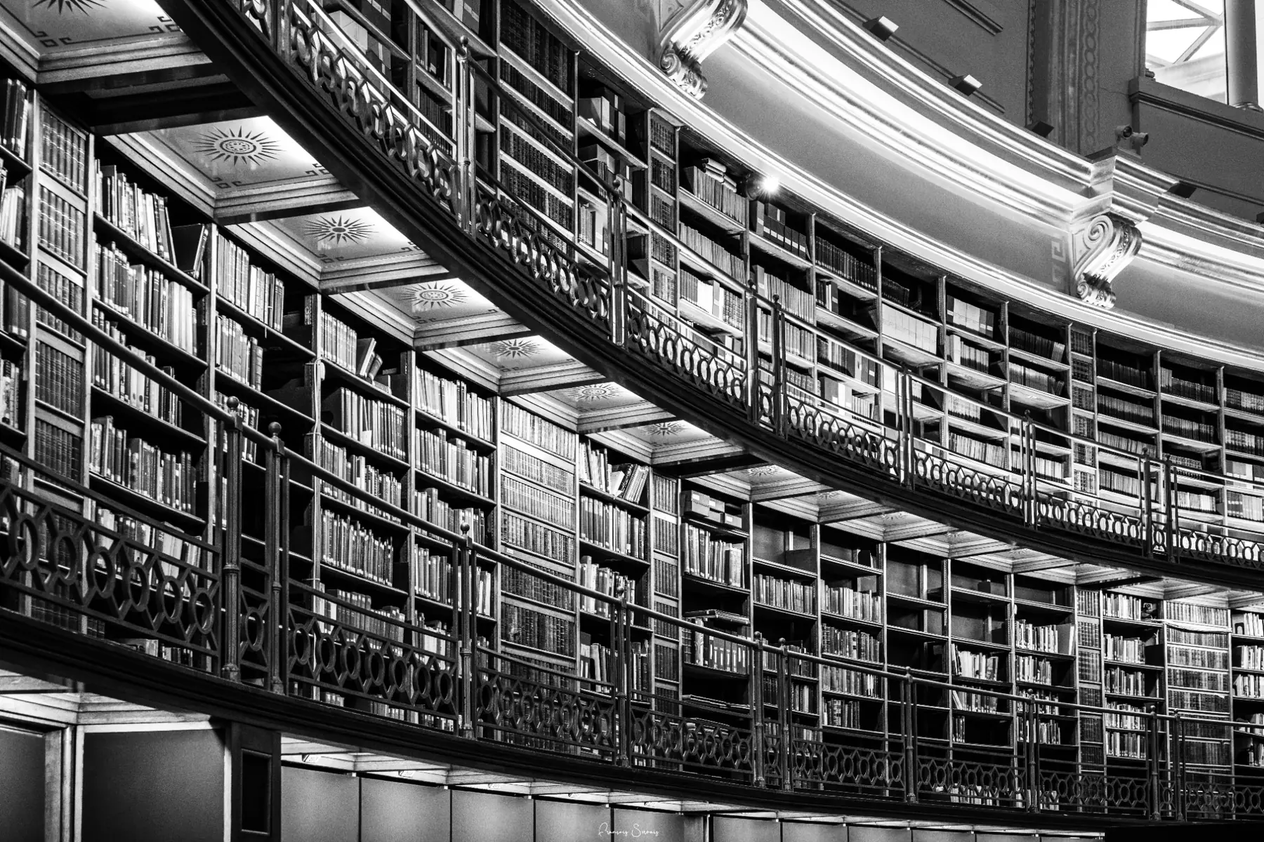 Perspective d’une grande bibliothèque photographiée en noir et blanc