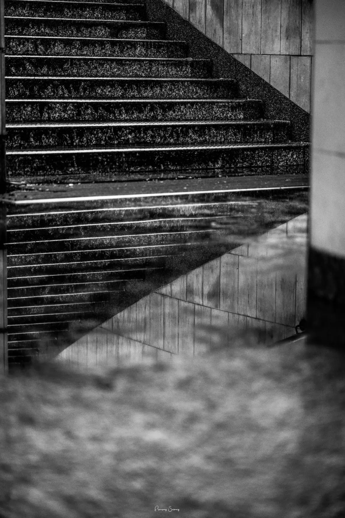 Escalier de pierre en noir et blanc traversé par des ombres graphiques