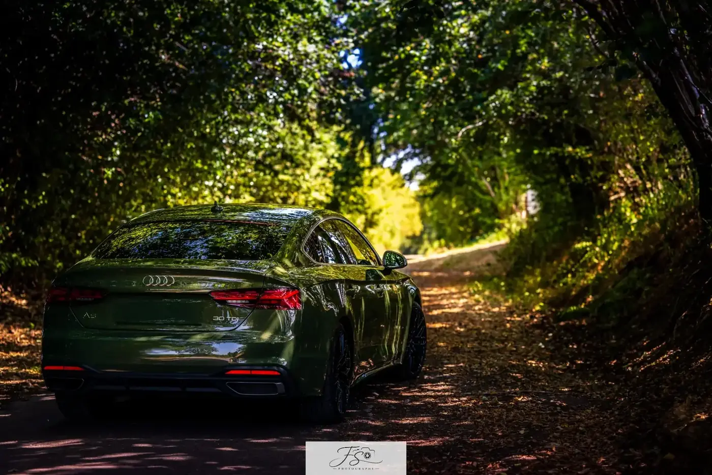 Audi A5 vue de dos sous une voûte d’arbres