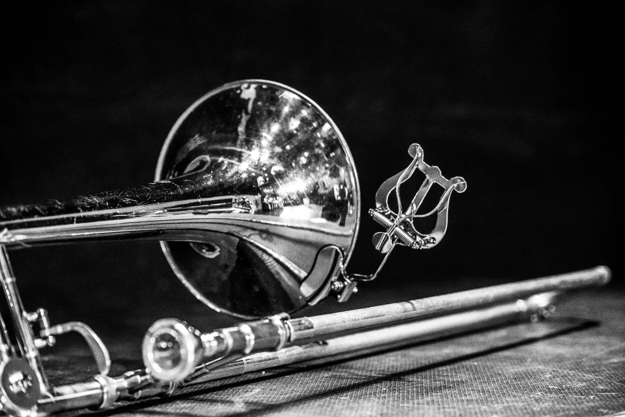 Cuivres et flûte photographiés en noir et blanc pendant le Carnaval de Malmedy 2025