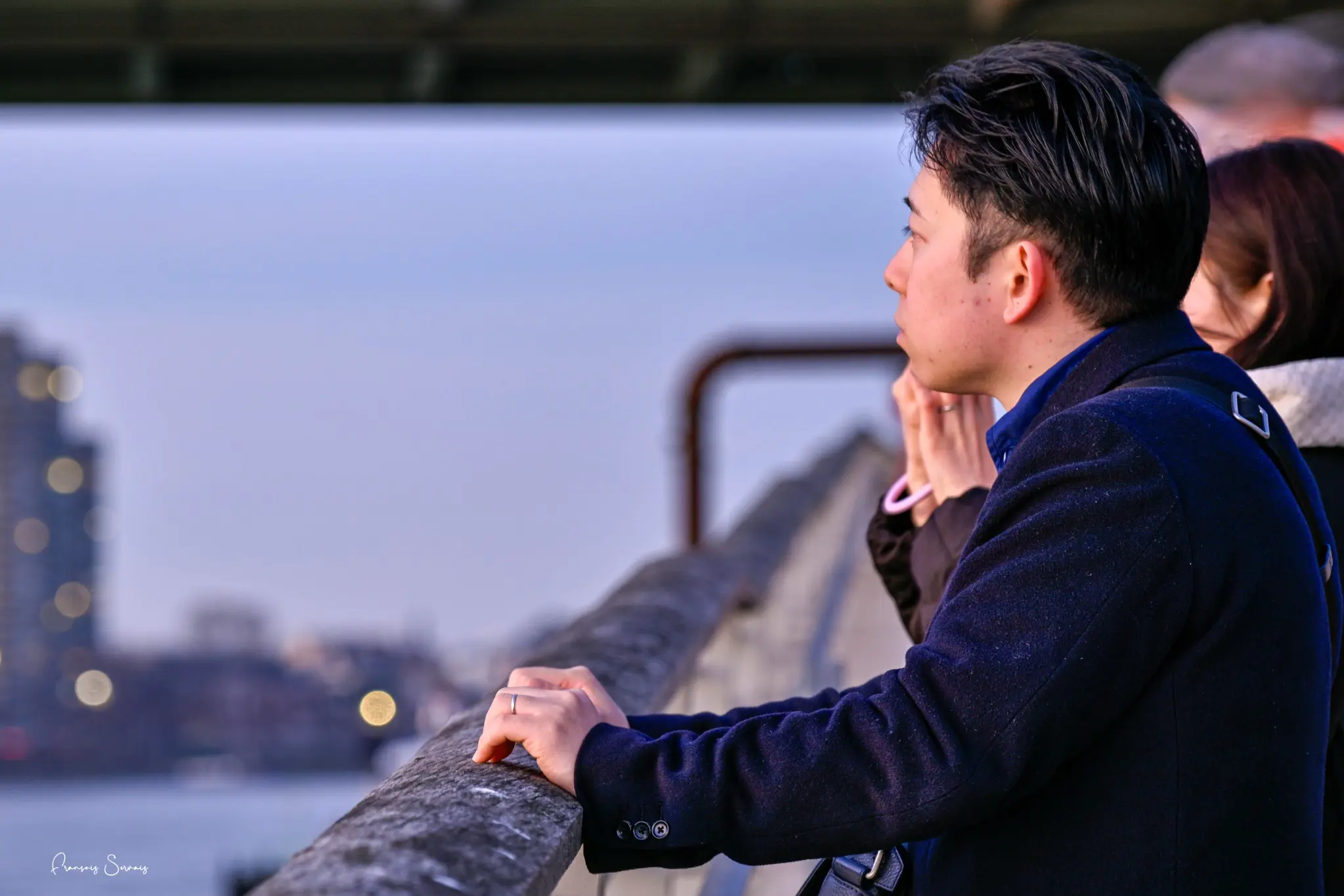 Jeune homme appuyé à une balustrade, regardant le paysage au loin